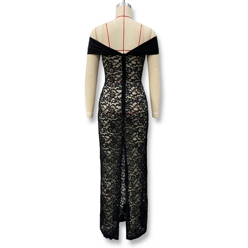 Abito lungo elegante da sera per damigella d'onore, sexy e alla moda, con scollo asimmetrico a spalla scoperta, in rete e con dettaglio avvolgente sui glutei.