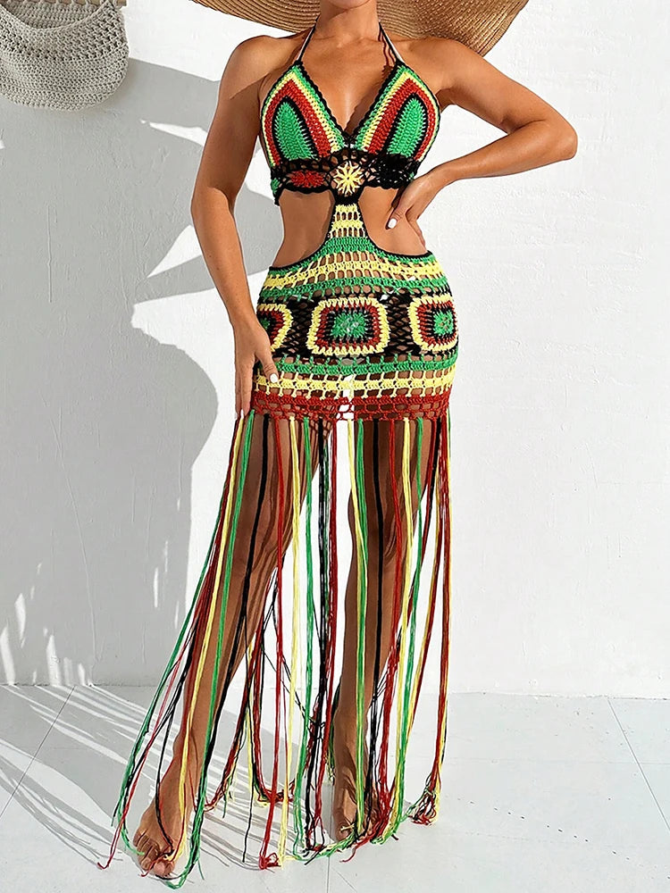 Copricostume da donna estivo all'uncinetto con scollo a V profondo, costume da bagno multicolore, bikini lungo con nappa, abito in maglia, copricostume, costumi da bagno senza schienale
