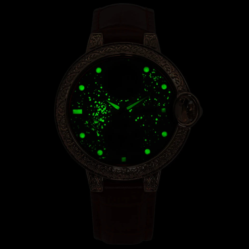 Orologio Unisex Luminoso con Cinturino in Vera Pelle e Incastonature di Diamanti
