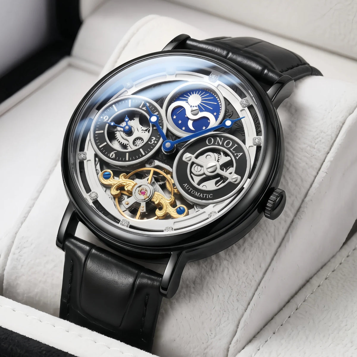 Orologio Meccanico da Uomo ONOLA, Cassa Rotonda, Quadranti Multipli, Quadrante Cavo con Fasi Lunari Giorno Notte, Regalo per Lui