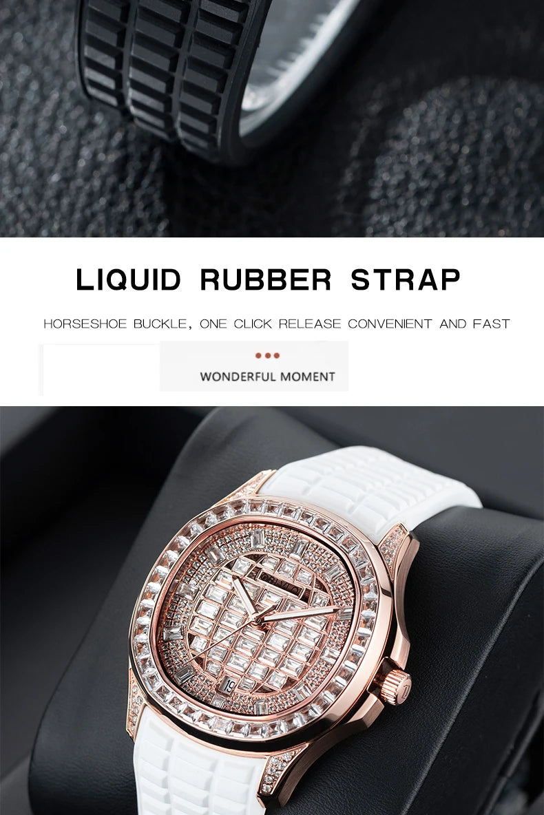 OBLVLO Orologio Automatico da Uomo alla Moda con Quadrante Impreziosito da Cristalli, Display Data, Lunetta con Pietre Baguette, Cinturino in Gomma FM-DSL