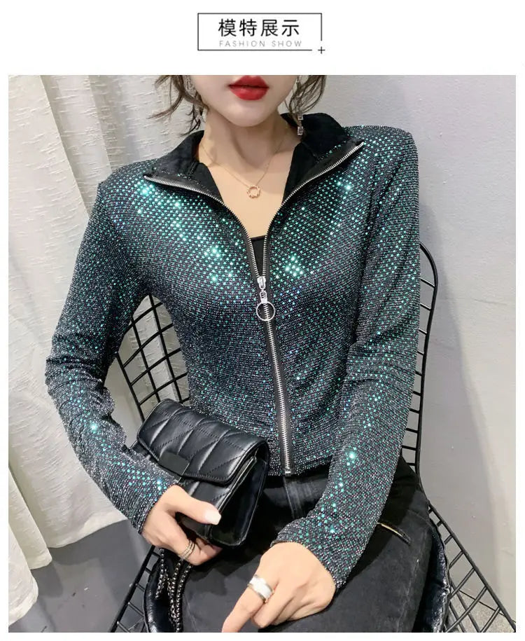 Giacca Autunnale da Donna, Nuova Giacca Corta con Paillettes, Moda Femminile, Manica Lunga, Design Elegante, Camicia Sexy