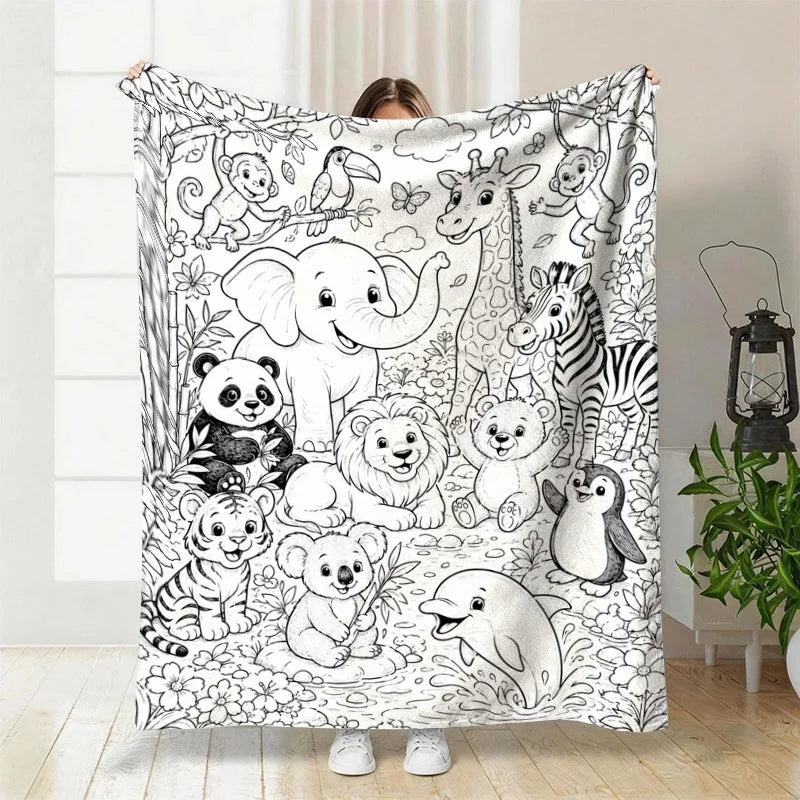 Black White Jungle Zoo Animal Line Art Flannel Throw Blanket, Soft Light Blanket for Kids Toddler Nursery Playroom Gift