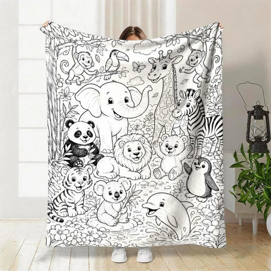 Black White Jungle Zoo Animal Line Art Flannel Throw Blanket, Soft Light Blanket for Kids Toddler Nursery Playroom Gift
