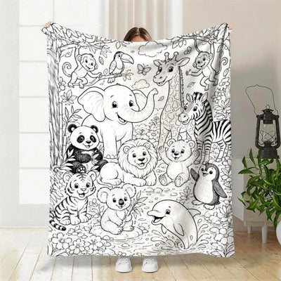 Black White Jungle Zoo Animal Line Art Flannel Throw Blanket, Soft Light Blanket for Kids Toddler Nursery Playroom Gift