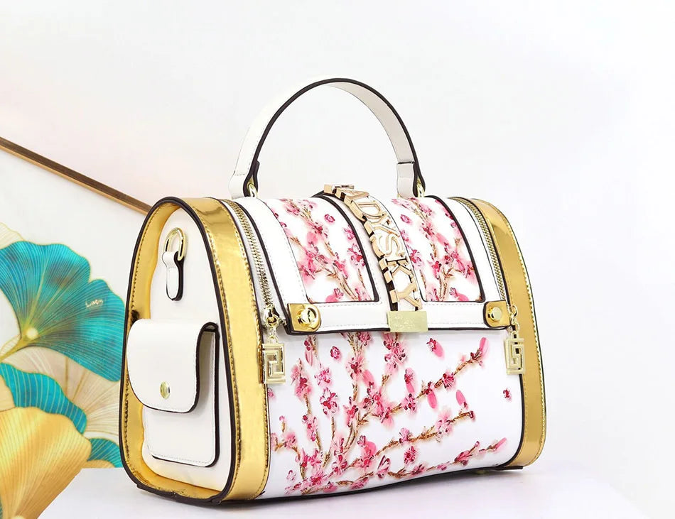 Borsa Boston da Donna con Stampa, Borsa a Spalla Grande Capacità, Borsa a Tracolla con Doppia Cerniera, Stile Mezza Copertura, Borsa con Manico Superiore