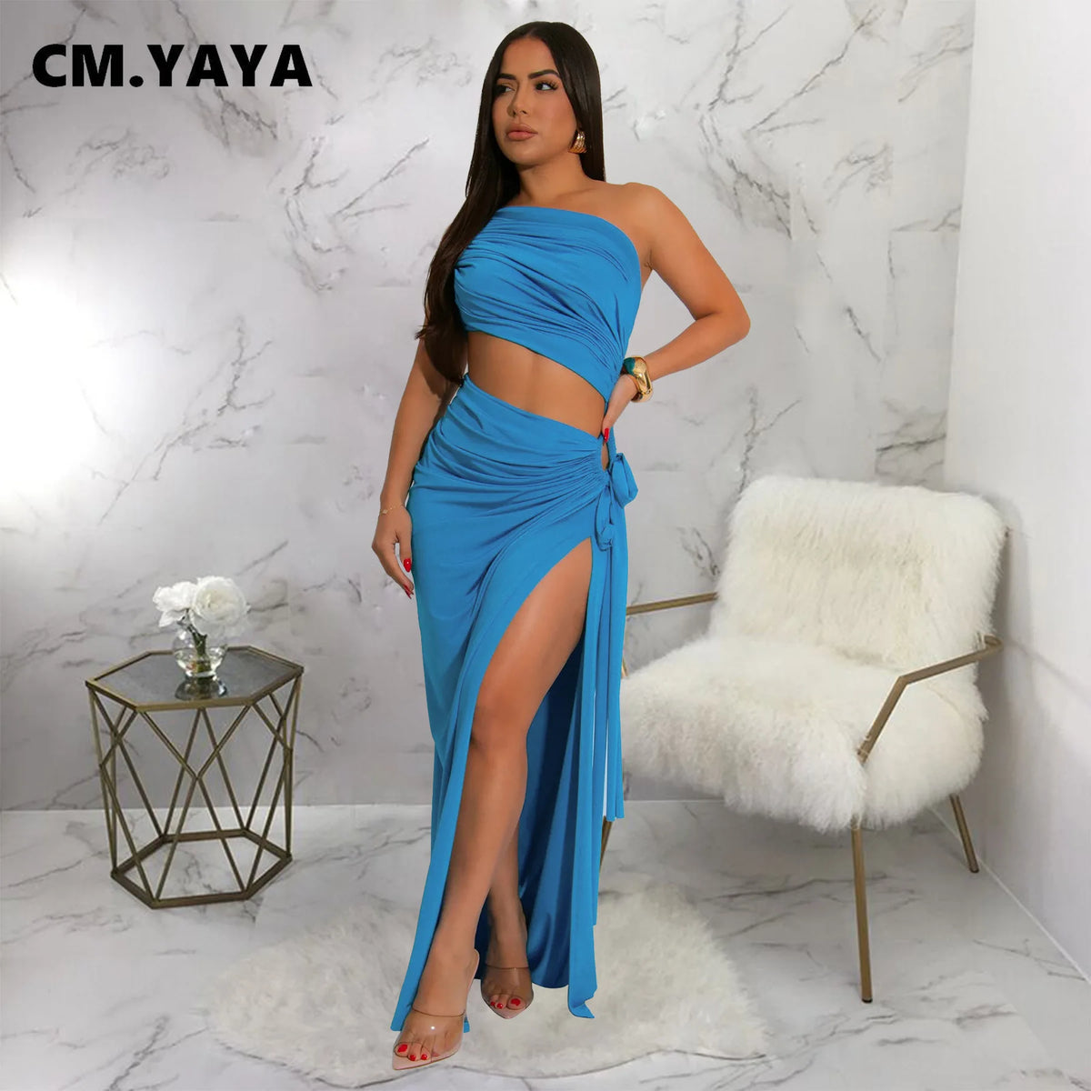 CM.YAYA Donne Senza Maniche Scava Fuori Senza Spalline Aderente Midi Lungo Maxi Vestito 2025 Estate Backless Abiti Da Festa Sexy Abiti