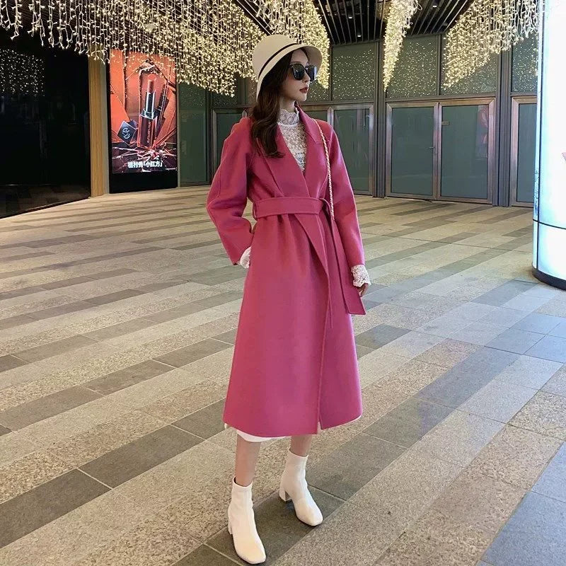 Cappotto in cashmere rosa a doppia faccia da donna, di media lunghezza, cappotto in lana di alta qualità modello NO.36