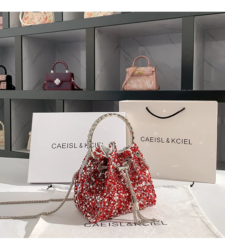 Borsa a mano da donna di lusso in metallo con paillettes scintillanti, pochette da sera, borsa a secchiello per feste di matrimonio, borsa a tracolla messenger