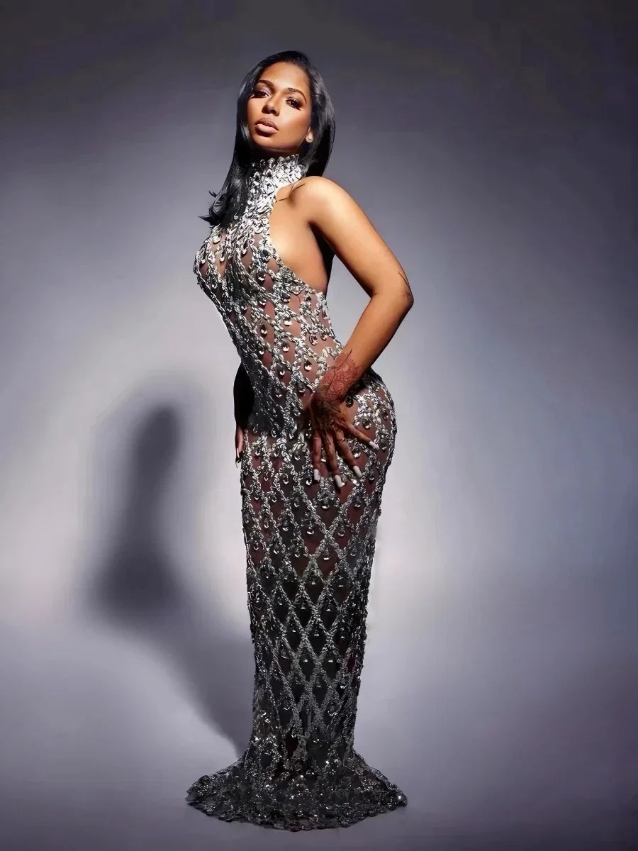 Celebrity Luxury Birthday Party Gown Singer Stage Wear abito da sera con diamanti in cristallo pieno d'argento scintillante di alta qualità