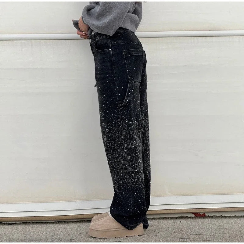 Jeans larghi a gamba larga da donna con strass lucidi Pantaloni in denim a gamba larga con diamanti pieni Pantaloni lavati vintage Pantaloni casual
