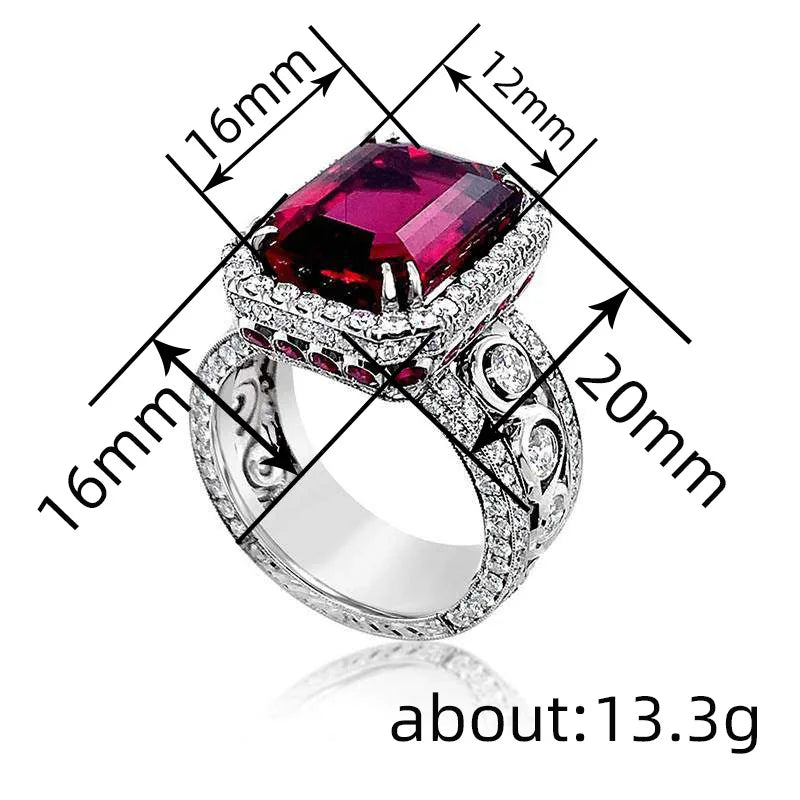 Anello Huitan di Lusso con Zirconi Rossi Scintillanti per Donne, Accessorio Elegante per Matrimoni, Design Inciso, Gioiello Femminile Delicato per Feste