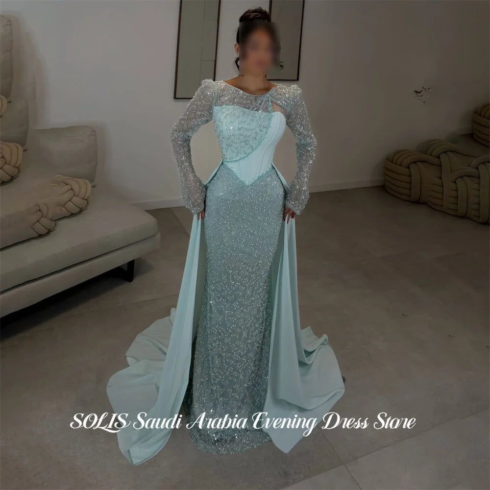 Abito da Sera SOLIS Verde Menta Stile Sirena, Collo Tondo, Maniche Lunghe, Abito da Sera con Inserto Corsetto in Paillettes, Elegante Abito da Festa Personalizzato