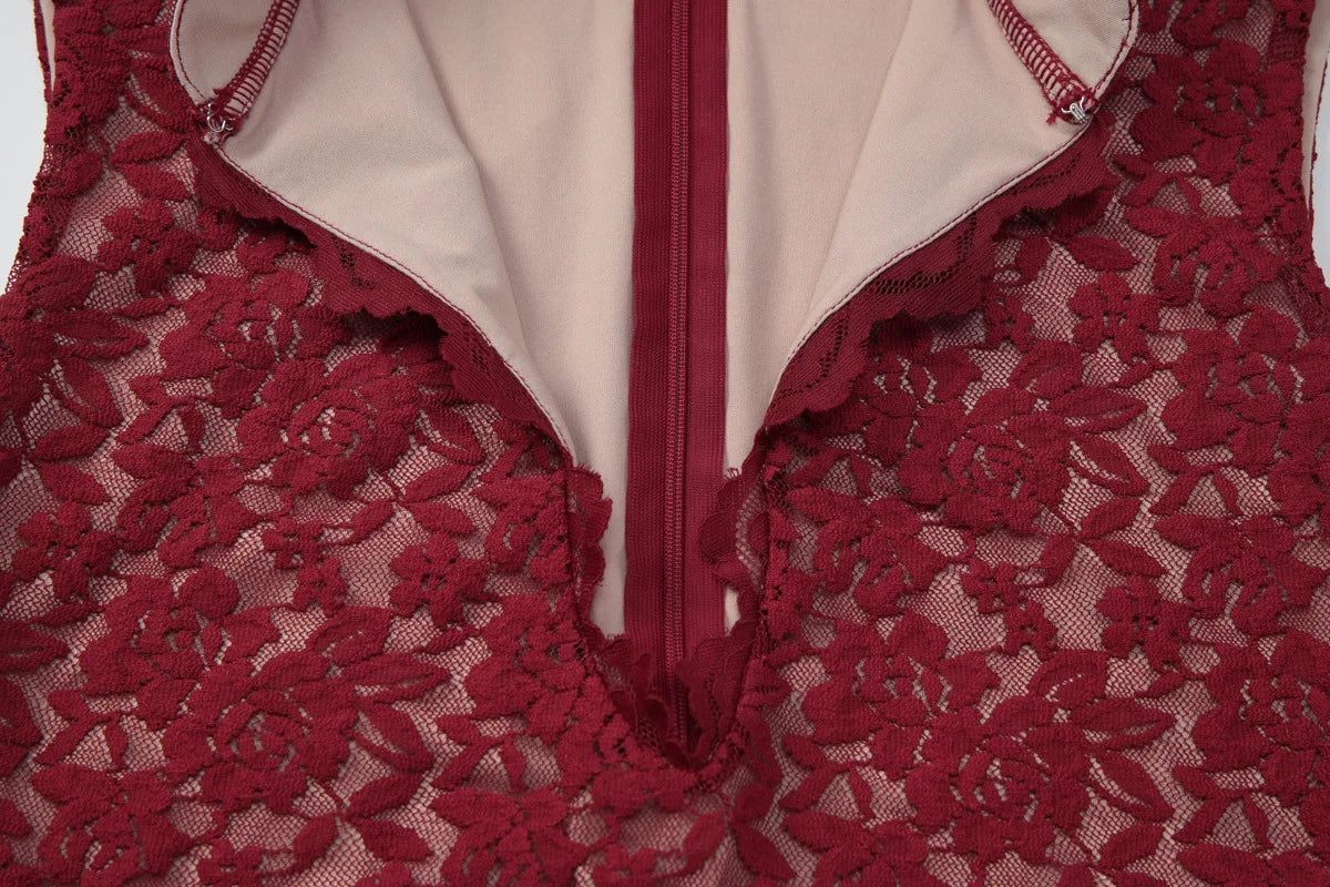 CHNMR Abito Cheongsam Sexy in Pizzo Rosso Senza Maniche, Vestito Lungo Aderente con Scollo a Goccia, Abito da Sera per Feste e Cerimonie, Abbigliamento Formale da Donna