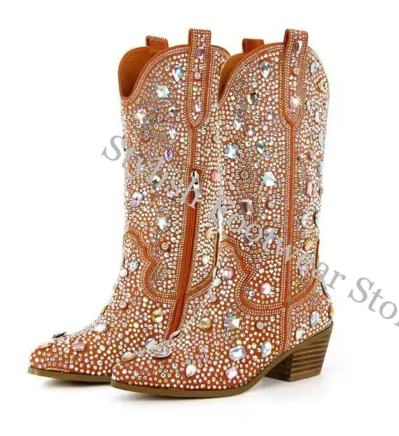 Stivaletti da Donna Stile Western con Strass e Gemme, Punta Rotonda, Neri e Blu, Stivali alla Moda con Cristalli