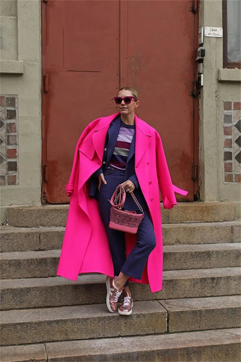 Barbiecore rosa lana donna vestito Blazer lungo soprabito invernale Trench spesso su misura giacca moda formale abito da ballo