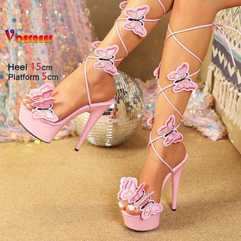 Sandali con plateau alla moda 15CM Tacchi alti Scarpe con cinturino alla caviglia a farfalla per le donne 2025 Sandali da ballo con tacco sottile estivo con lacci