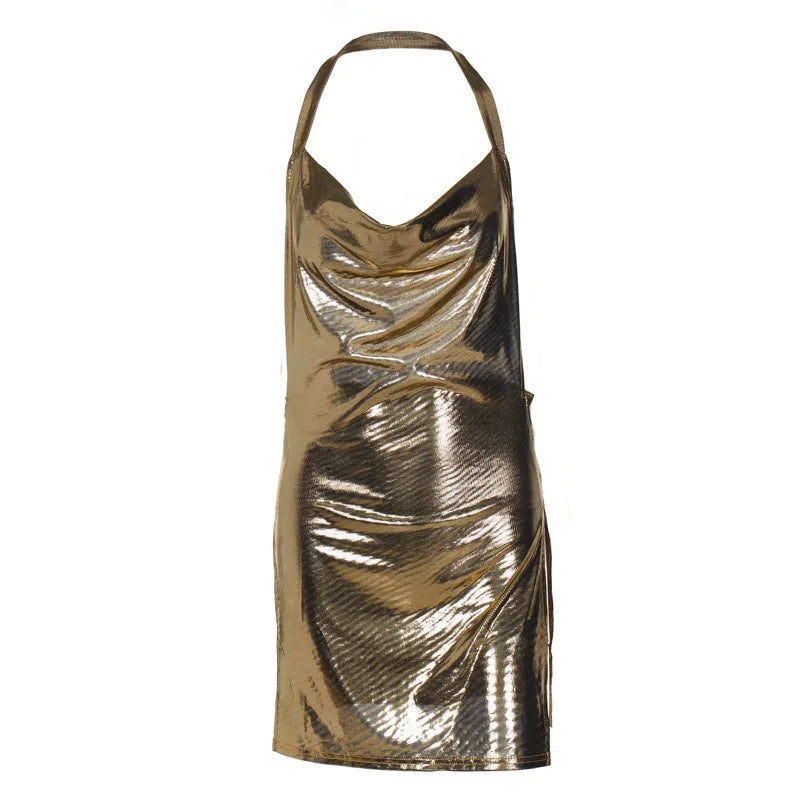 Abito corto elegante da donna sexy e alla moda con collo appeso, fondo senza schienale, abito da ballo per ragazza da festa con paillettes sul petto
