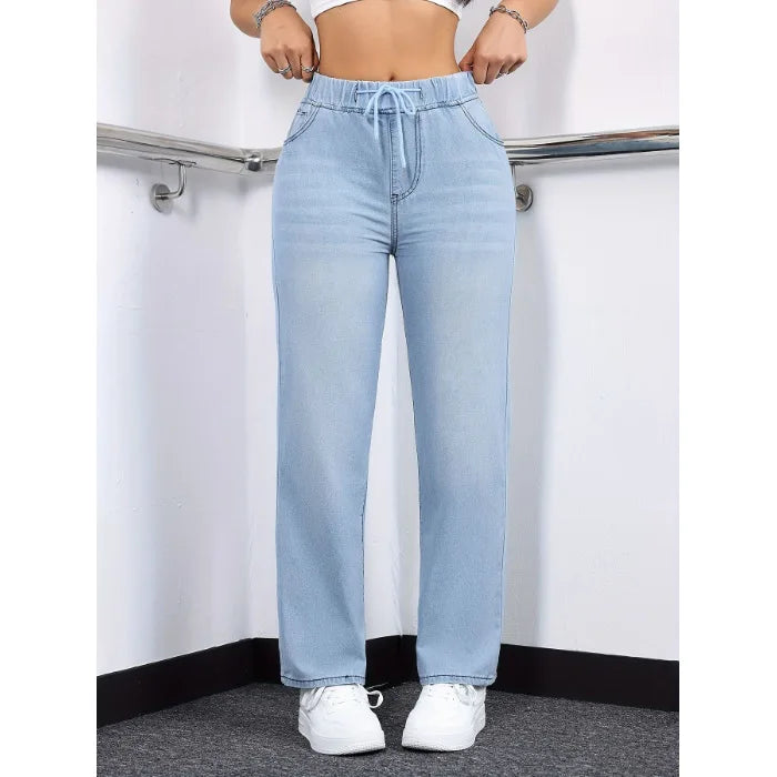Jeans da donna di lusso alla moda 2026, casual, lavati, con coulisse, elasticizzati, a gamba dritta, stile Y2K streetwear, abbinabili a tutti gli outfit quotidiani