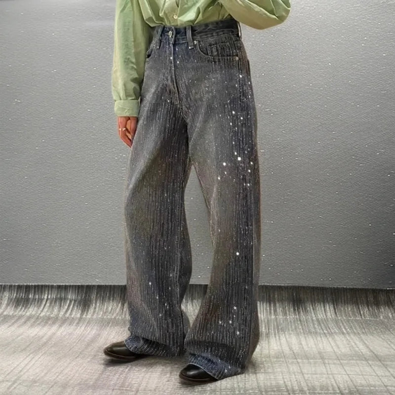 Jeans a Gamba Larga con Diamanti Scintillanti, Vita Alta, Vestibilità Ampia, Lunghezza al Pavimento, Stile Artistico Retrò, Moda Casual, Collezione Primavera