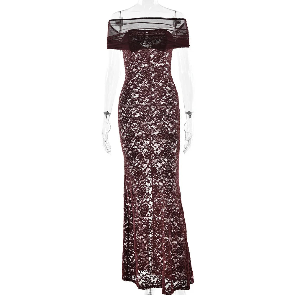 Apprabant Donne 2025 Nuovo Off Spalla Sirena Abito Da Sera Sexy Sheer Lace Patchwork Maglia Sottile Abito Lungo Elegante Partywear