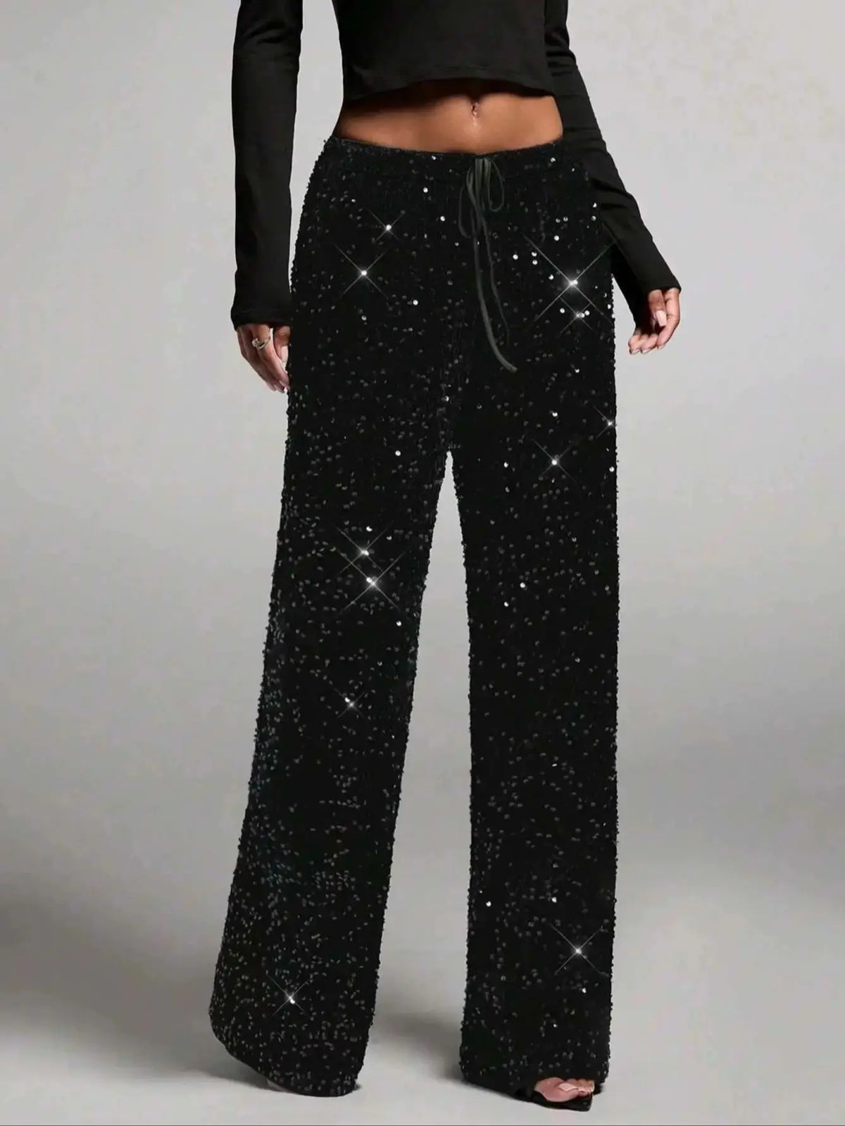 Pantaloni da donna in stile euro-americano con paillettes, coulisse alla moda, effetto snellente, nuovi, elastici, a gamba dritta.