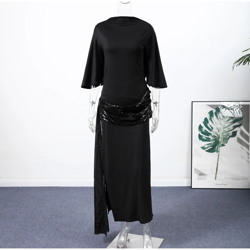 Sexy profondo scollo a V patchwork di pizzo con paillettes abito lungo da donna sottile senza maniche backless hip pacchetto abiti 2026 primavera abito da festa della signora