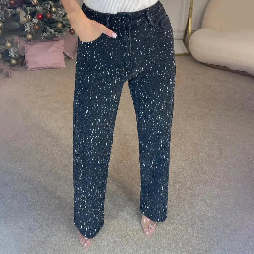 Jeans con perle finte per donna Pantaloni in denim elasticizzato a gamba dritta a vita alta Pantaloni larghi con perline a gamba larga casual Moda streetwear