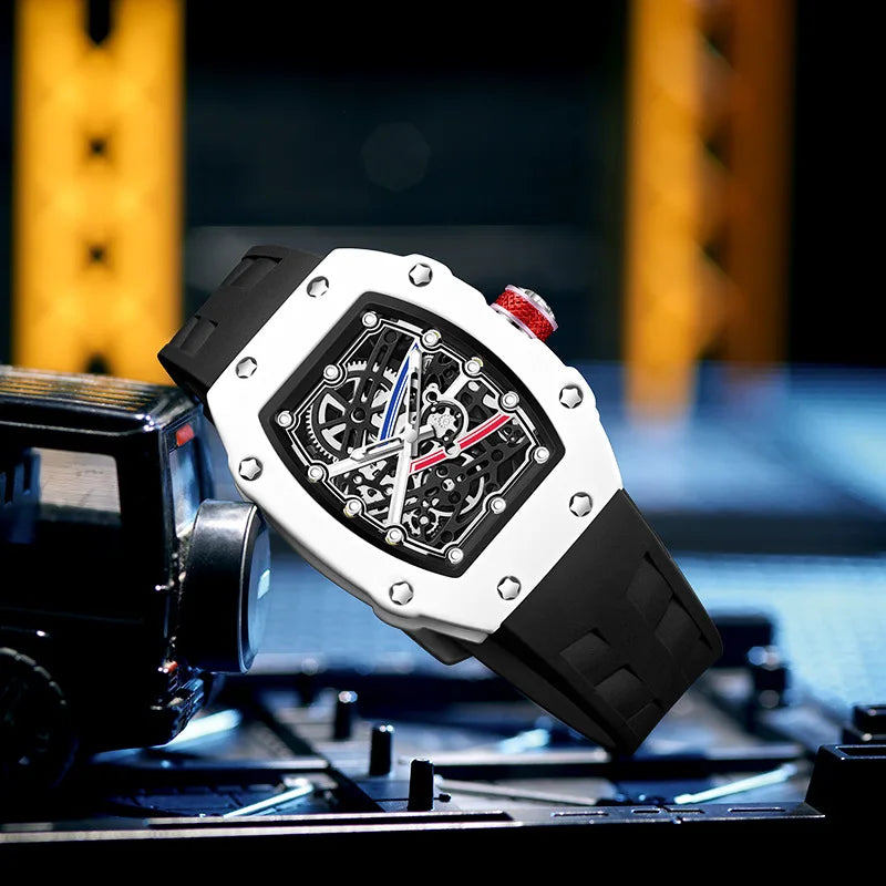 Orologio al Quarzo Ultra-Sottile Tonneau per Uomo, Design Creativo Bianco con Quadrante Cavo, Super Luminoso, Personalizzabile, Orologio AAA Relogio
