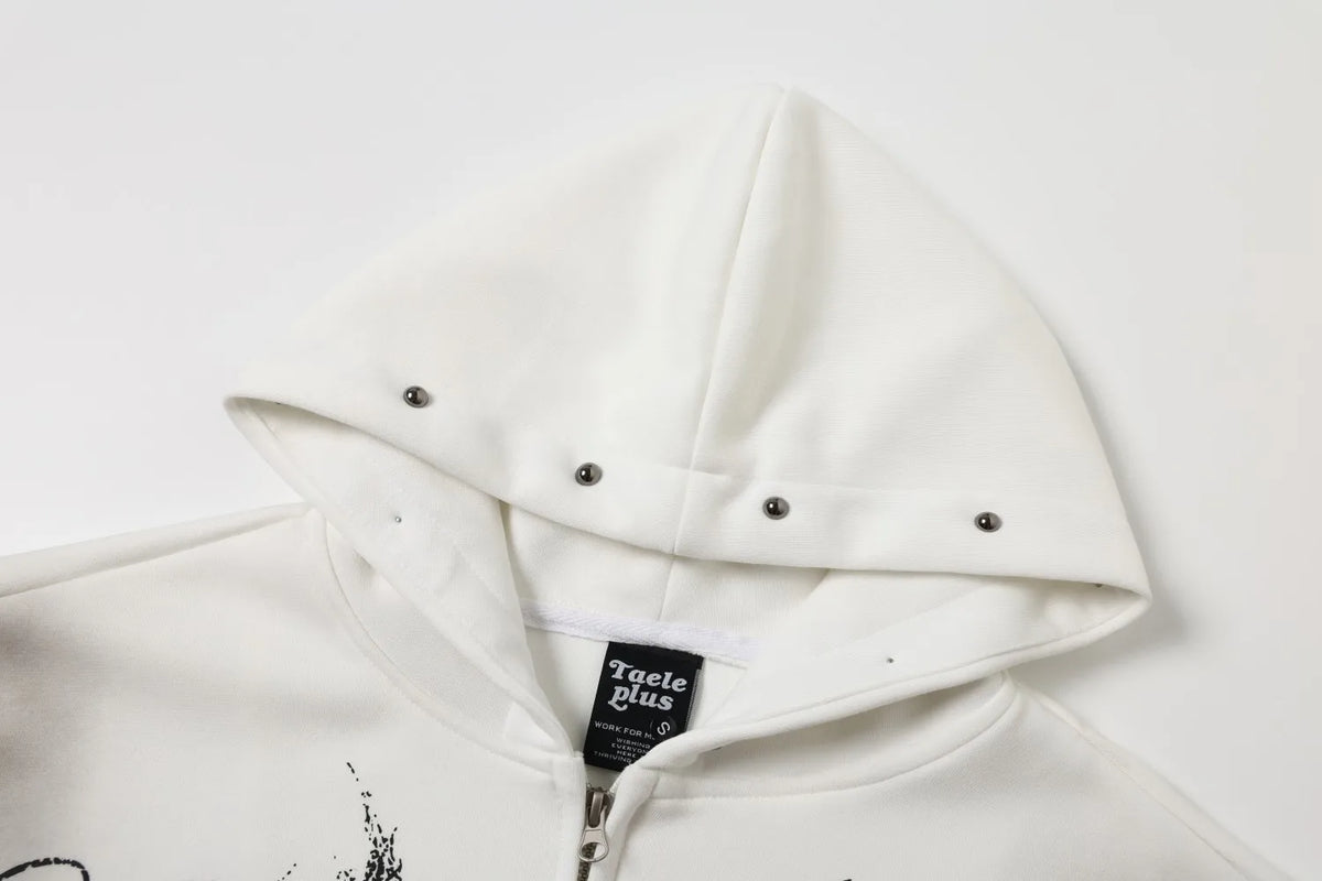 Felpa con Cappuccio Gotica Unisex con Zip, Effetto Lavato e Borchie, Cardigan con Finitura Spray, Top