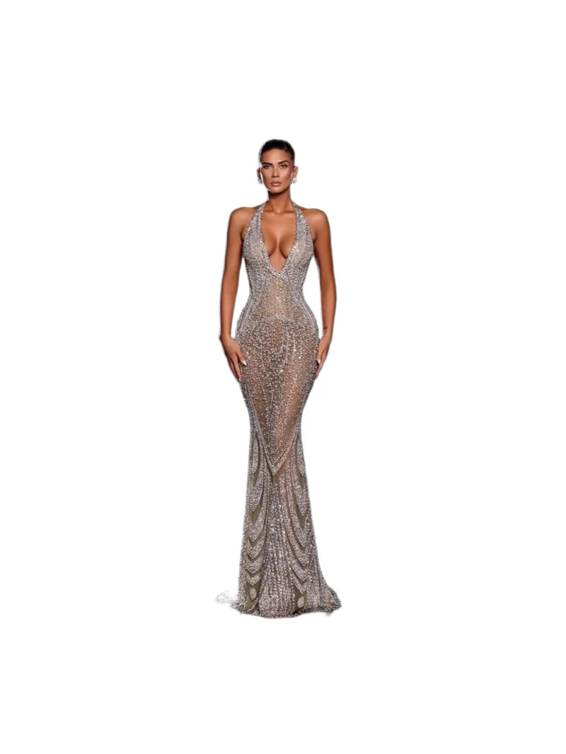 Splendido Abito da Sera con Strass, Scollo a V Profondo, Stile Sirena, in Rete Trasparente, per Ricevimenti e Cocktail, Personalizzabile