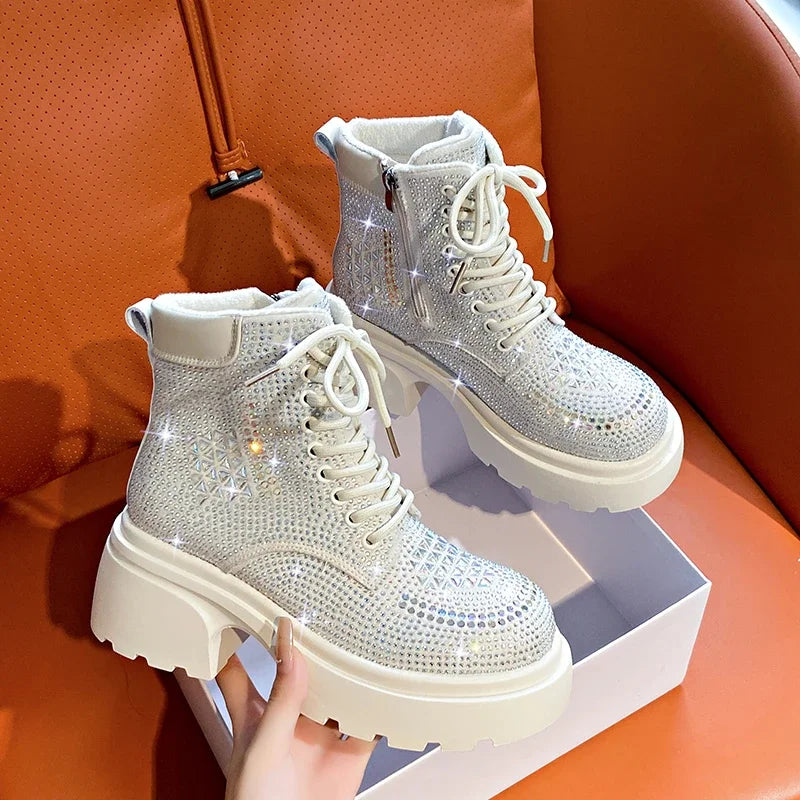 Stivaletti corti con diamanti con paillettes Donna Autunno Inverno Moda di lusso Stivali alti con tacco spesso Stivali stringati Scarpe casual da festa all'aperto