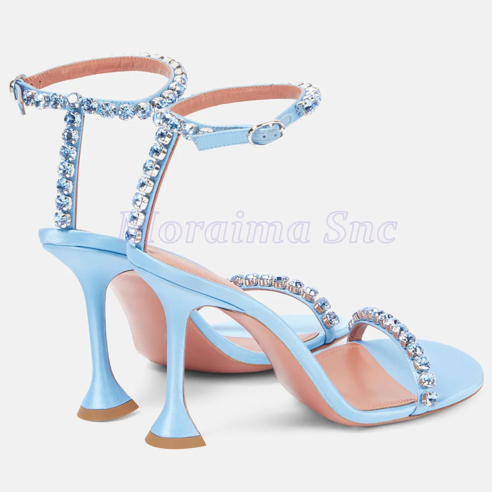 Sandali in Raso con Dettagli in Cristallo, Punta Rotonda, Cinturino alla Caviglia, Scarpe Eleganti da Donna Sexy e alla Moda, Blu Solido per Banchetti Estivi
