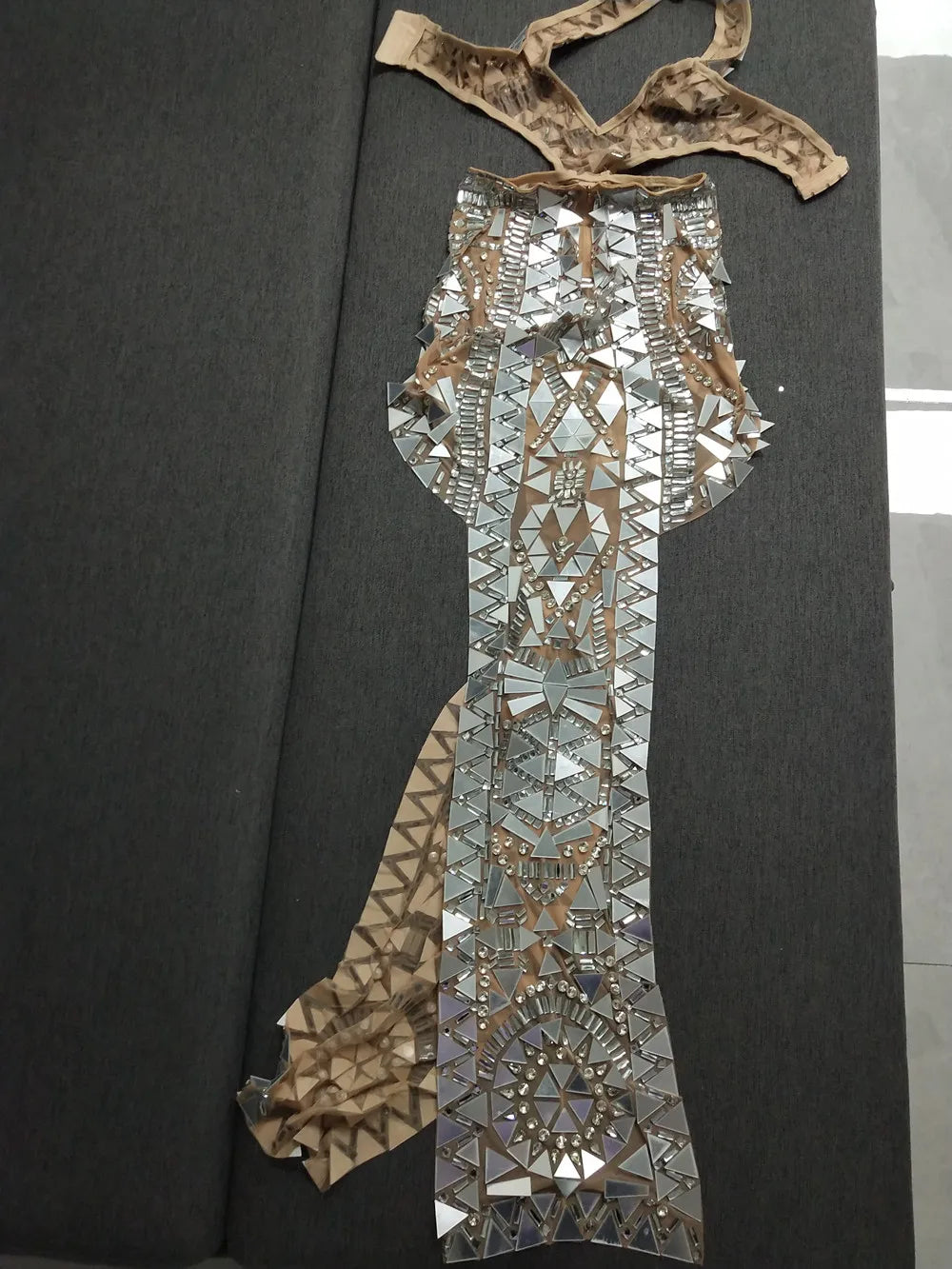 Abito Lungo con Spacco Alto e Scollo a V con Strass Argentati, Vestito da Palcoscenico per Compleanno e Ballo, Abito con Paillettes per Cantante e Modello, Costume Sexy