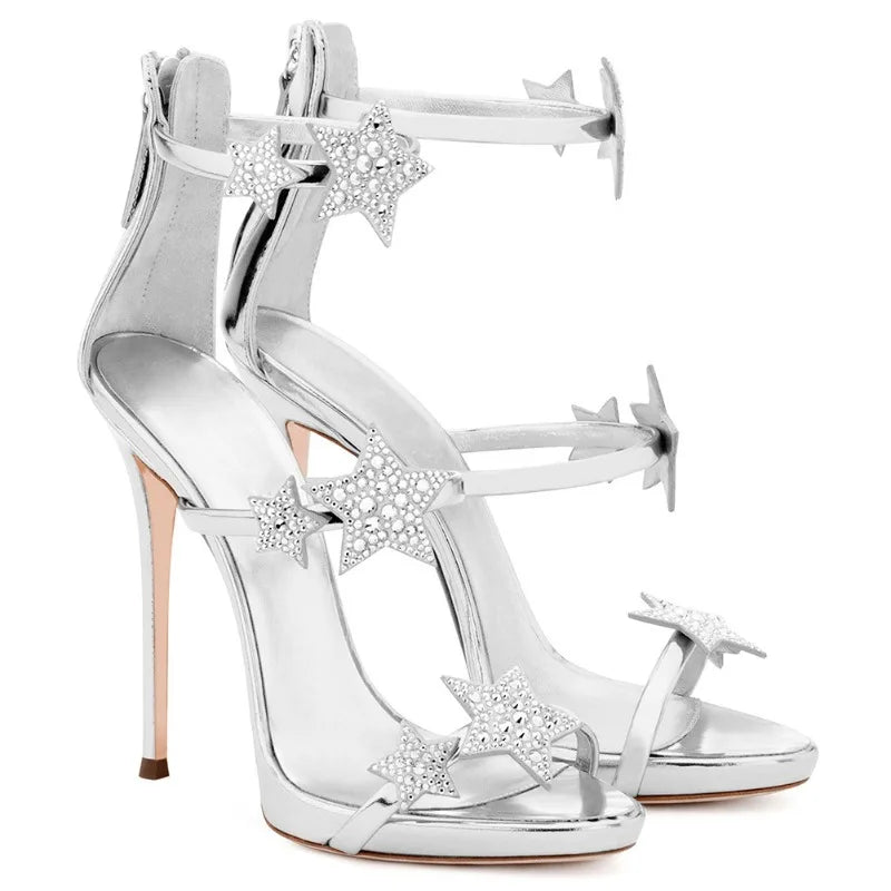 Nuovi Sandali Estivi da Donna con Diamanti e Bottoni a Stella, Tacchi a Spillo, Scarpe da Sposa Sexy con Punta Aperta, Tacchi Sottili, Calzature di Lusso di Nicchia