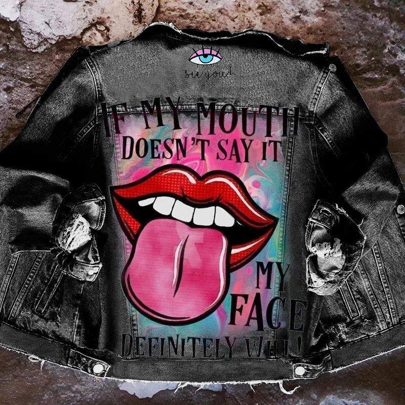 2024 autunno delle donne nuova vendita calda Street INS Net Red con la stessa ragazza giocosa Tongue Out Print Pattern giacca di jeans con risvolto