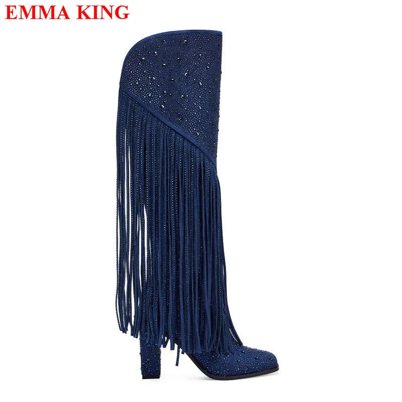Nuovi stivali femminili con frange alte al ginocchio con strass Tacchi grossi di lusso Stivali lunghi da donna Moda Nappa Punta a punta Scarpe da festa Donna