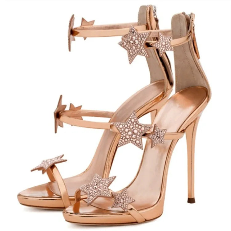 Nuovi Sandali Estivi da Donna con Diamanti e Bottoni a Stella, Tacchi a Spillo, Scarpe da Sposa Sexy con Punta Aperta, Tacchi Sottili, Calzature di Lusso di Nicchia