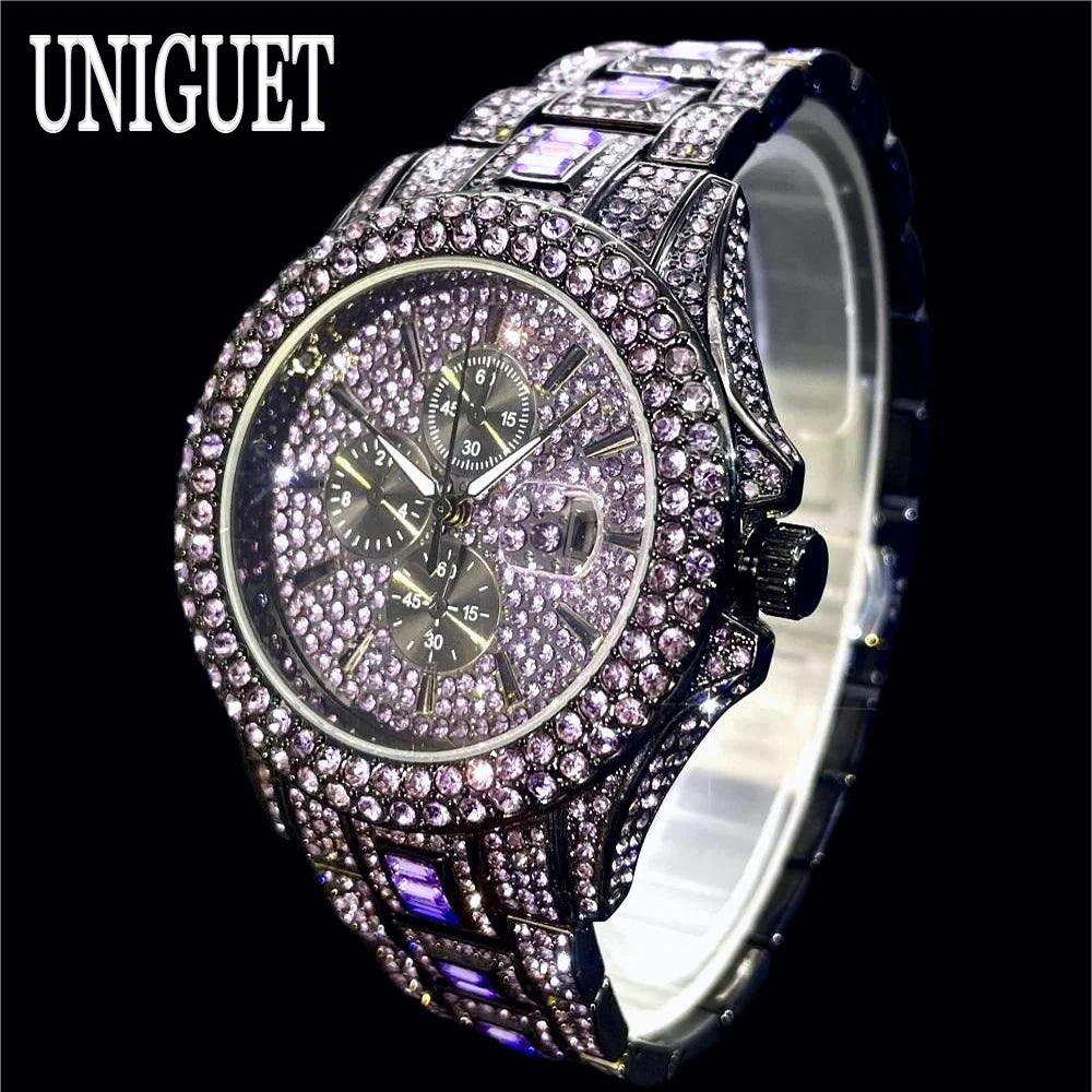Vendita calda orologio rosso ghiaccio per uomo marchio di moda UNIGUET Hip Hop pieno di diamanti gioielli in acciaio inossidabile di lusso orologio da polso al quarzo uomo
