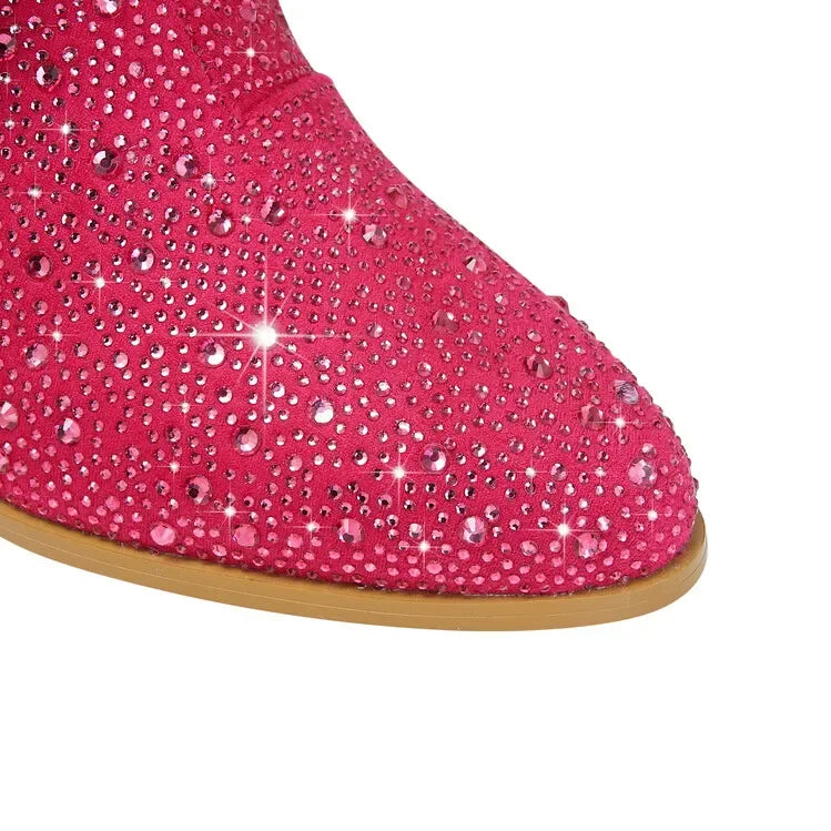 2024 nuovi stivali Chelsea al ginocchio con strass con cerniera nappe a punta moda lucida stivali da donna europei e americani 35-43