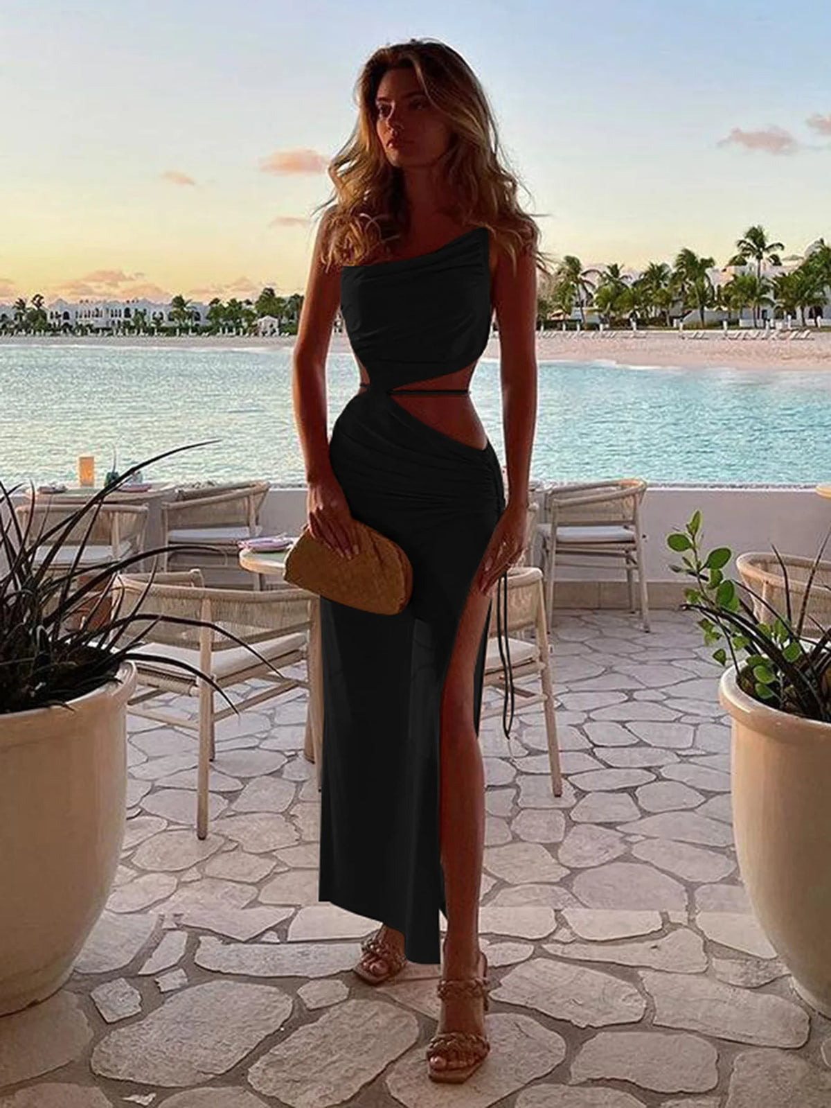 2025 Nuovo vestito da donna taglio basso senza maniche slim-fit maxi vestito per club party summer beach casual sexy hollow backless tie up slip