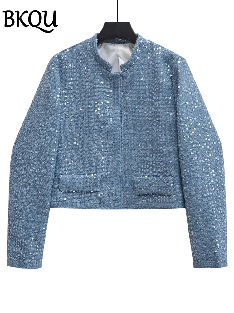 BKQU eleganti giubbotti Bomber con paillettes moda donna maniche lunghe o-collo cappotti corti 2024 autunno inverno donna capispalla High Street