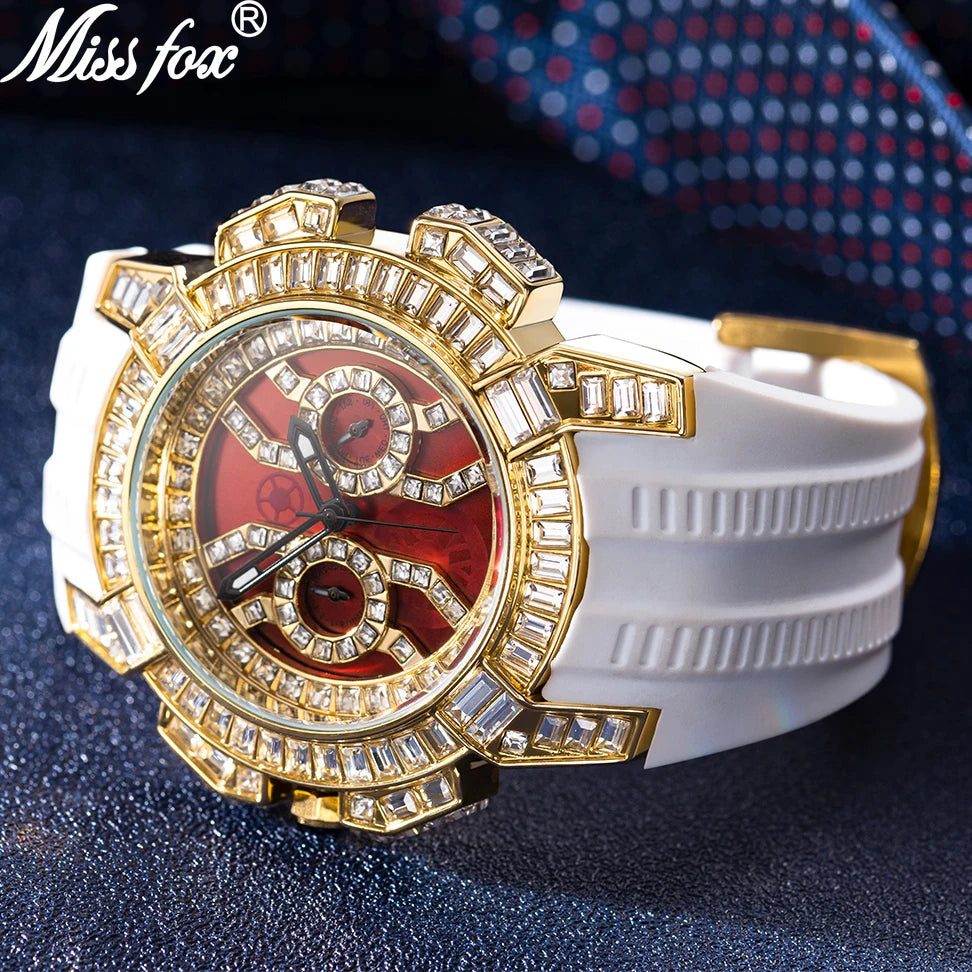 MISSFOX Nuovo Orologio Al Quarzo Rosso Per Gli Uomini di Lusso Hip Hop Streetwear Orologio Impermeabile Orologi Con Diamanti Orologi Da Polso Da Uomo Al Quarzo AAA