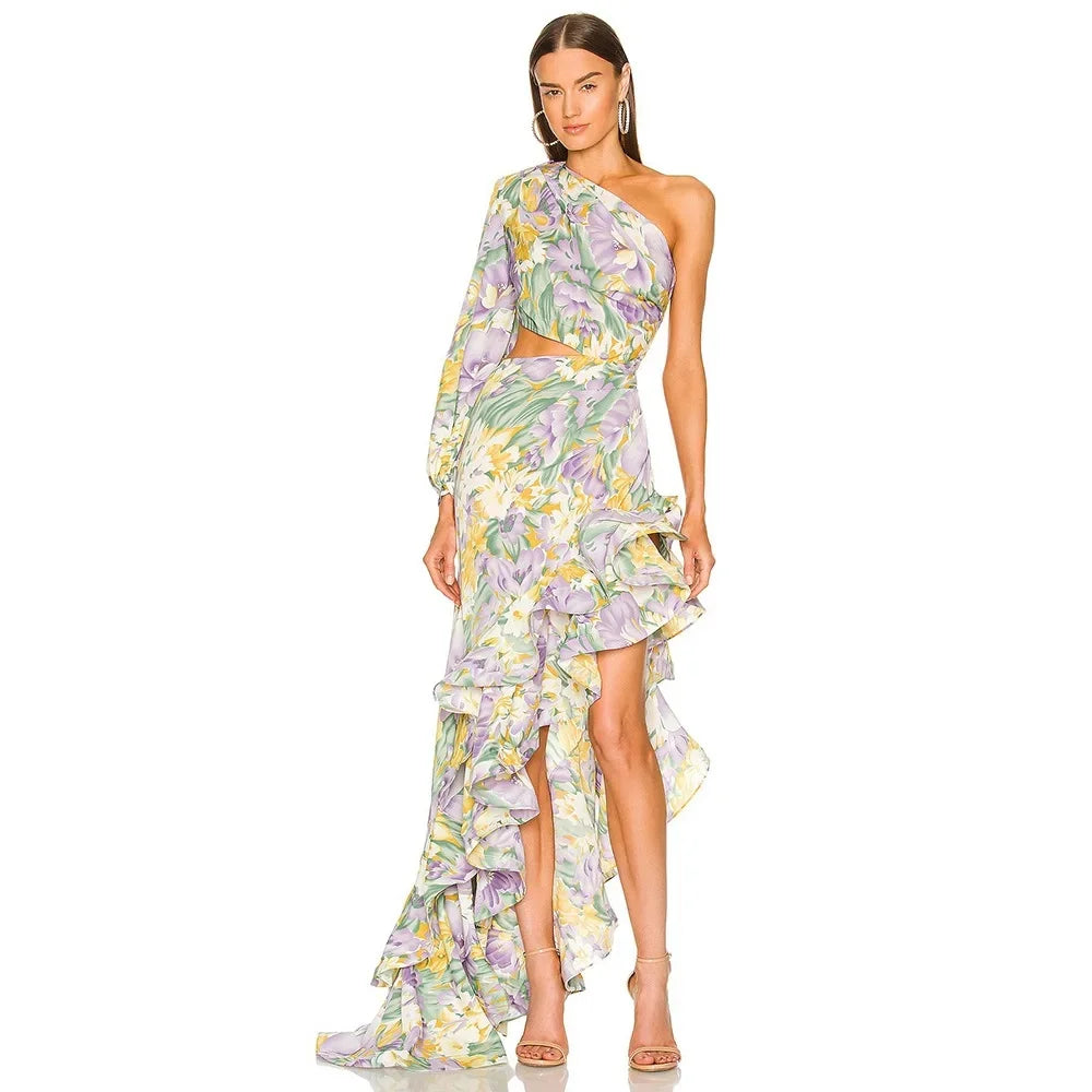 Abito Elegante e Sexy con Stampa Floreale, Orlo Asimmetrico, Collo Alto, Maniche a Palloncino, Lunghezza al Ginocchio