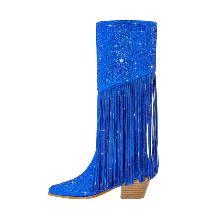 2024 nuovi stivali Chelsea al ginocchio con strass con cerniera nappe a punta moda lucida stivali da donna europei e americani 35-43