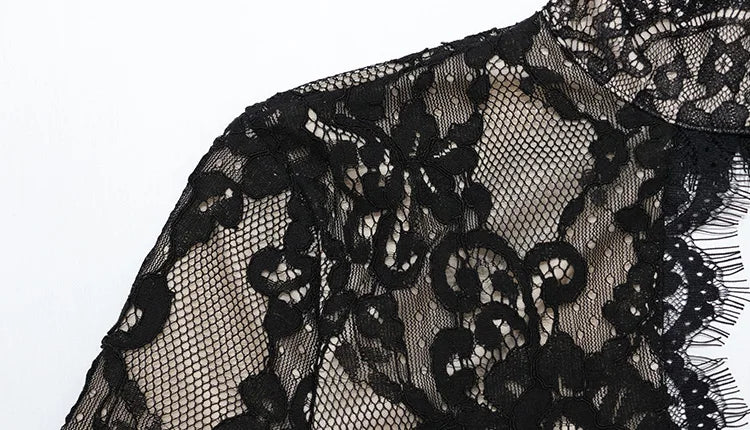 Huhugirl Abiti lunghi da donna in pizzo, traforati, tinta unita, sexy, a maniche lunghe, con spacco, alla moda, con colletto rialzato, stile street, casual da donna