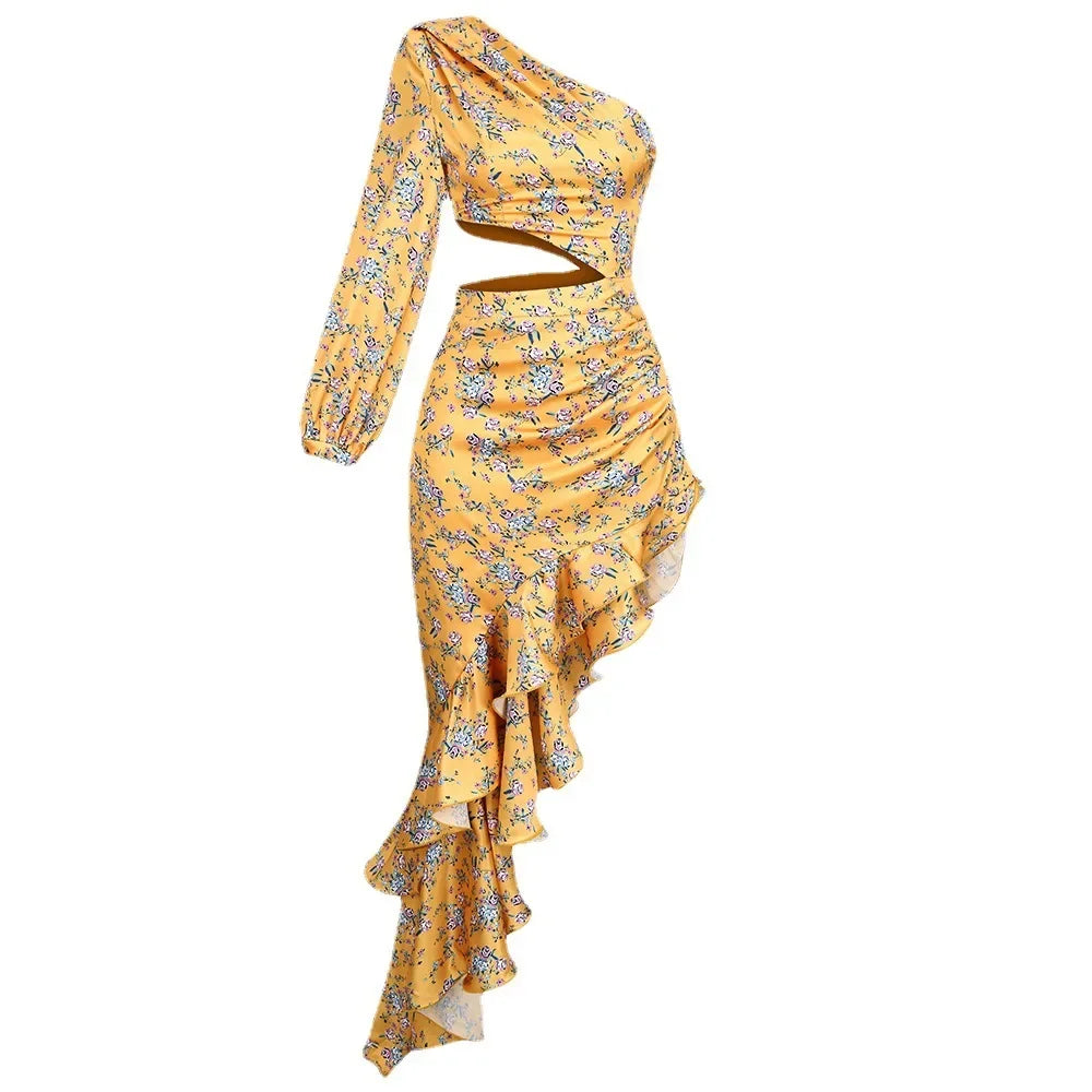 Abito Elegante e Sexy con Stampa Floreale, Orlo Asimmetrico, Collo Alto, Maniche a Palloncino, Lunghezza al Ginocchio