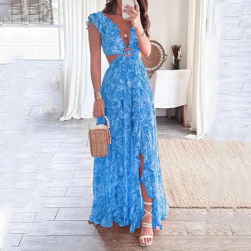 Abito lungo irregolare con piega cava aperta in vita senza maniche sexy stampato alla moda primavera da donna