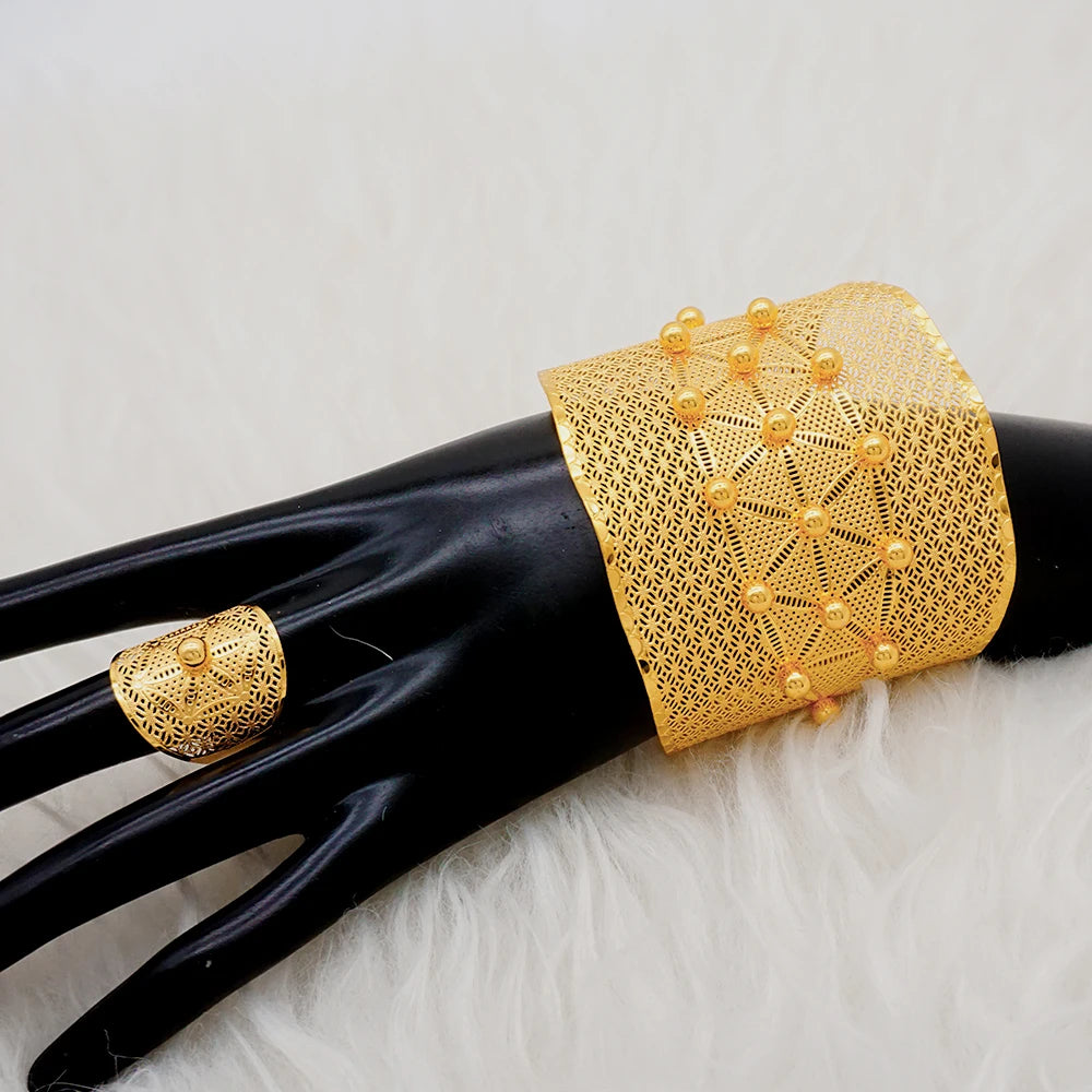 Bracciale color oro Dubai con anello per donna Bracciale con polsino a catena con ciondoli Bracciale indiano Arabo Francia Regali di gioielli da sposa