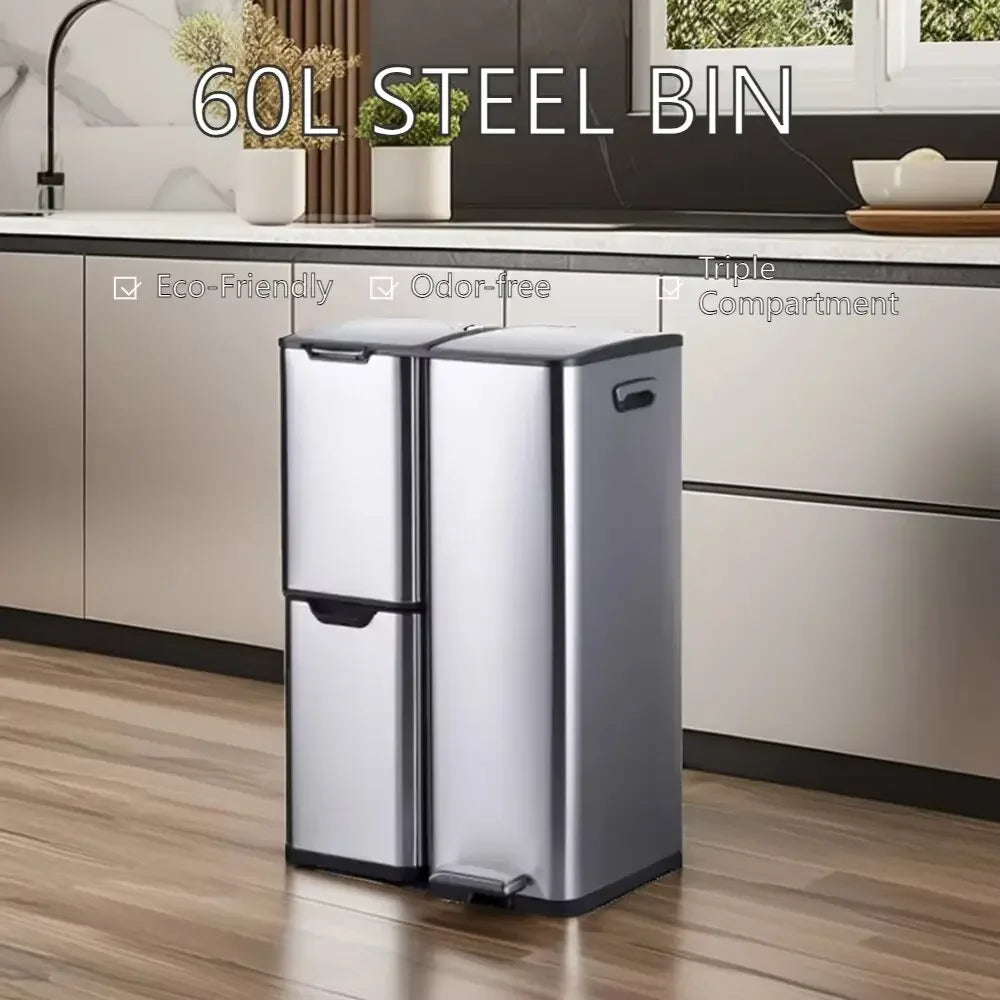 60L Triple Compartment Stainless Steel Recycling Bin with Pedal Press Button on Top Kitchen Trash Bin Recycle Bin